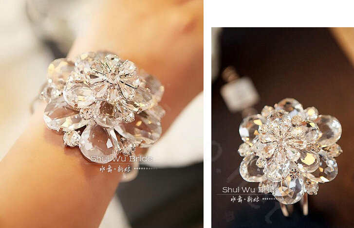 Fashion Large Rhinestone Flower Bridal Wrap Bracelet Wedding Stage Dress Crystal Bangle Chain Jewelry
