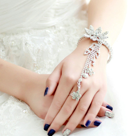 Fashion Shinning Rhinestone Flower Bracelet And Ring Tassel Chain Bridal Accessories Wedding Jewelry