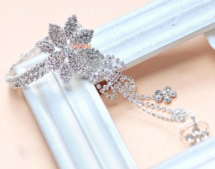 Fashion Shinning Rhinestone Flower Bracelet And Ring Tassel Chain Bridal Accessories Wedding Jewelry