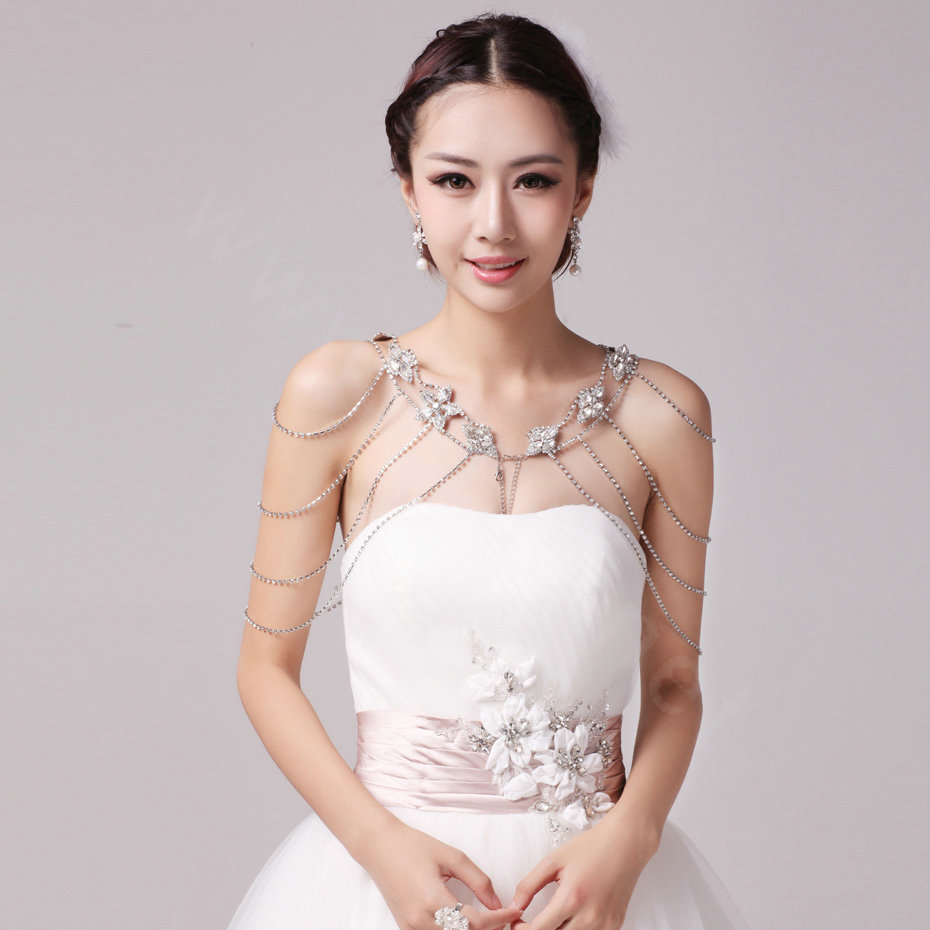 Fashion Sweety Flower Crystal Bridal Necklace Chain Rhinestone Shoulder Strap Wedding Jewelry