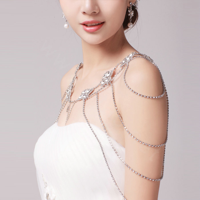 Fashion Sweety Flower Crystal Bridal Necklace Chain Rhinestone Shoulder Strap Wedding Jewelry