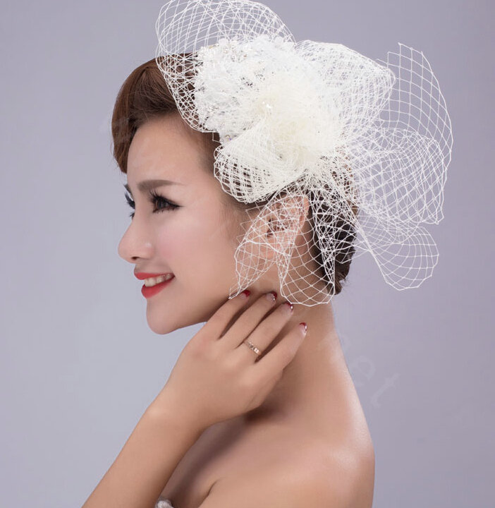 Flower Crystal Pearl Lace Gauze Bridal Fascinator Headpiece Bride Wedding Dress Prom Face Veils Hair Accessories