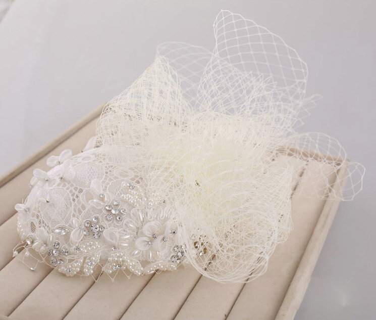 Flower Crystal Pearl Lace Gauze Bridal Fascinator Headpiece Bride Wedding Dress Prom Face Veils Hair Accessories