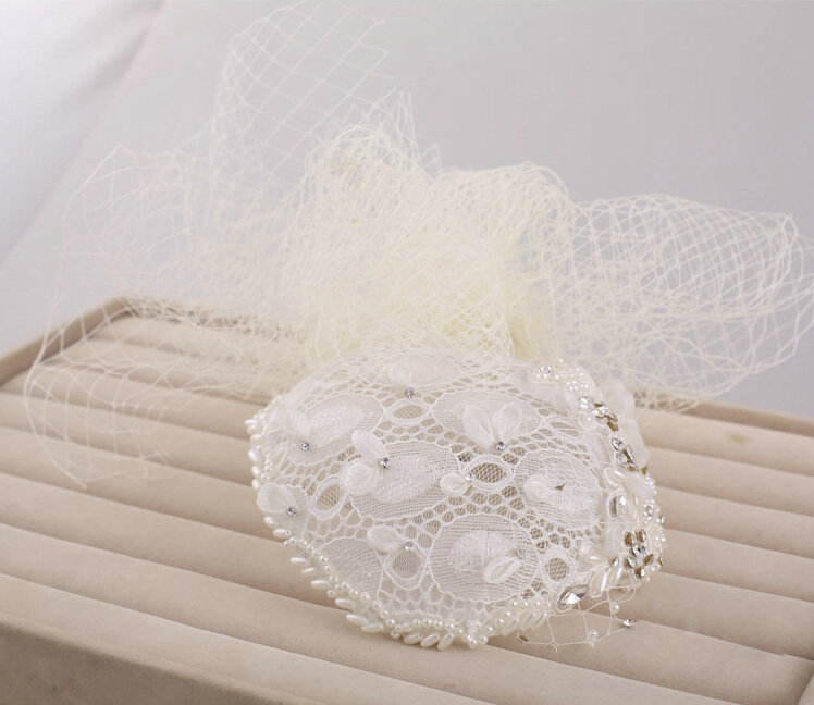 Flower Crystal Pearl Lace Gauze Bridal Fascinator Headpiece Bride Wedding Dress Prom Face Veils Hair Accessories