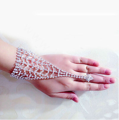 Hellow Rhinestone with Ring Bracelet Bridal Wedding Crystal Stage Hand Chain Accessories