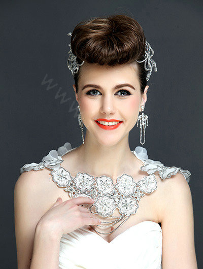 Gorgeous Bride Big Lace Flower Rhinestone Wedding Shawl Necklace Bridal Shoulder Chain Jewelry