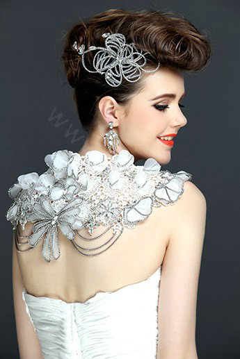 Gorgeous Bride Big Lace Flower Rhinestone Wedding Shawl Necklace Bridal Shoulder Chain Jewelry