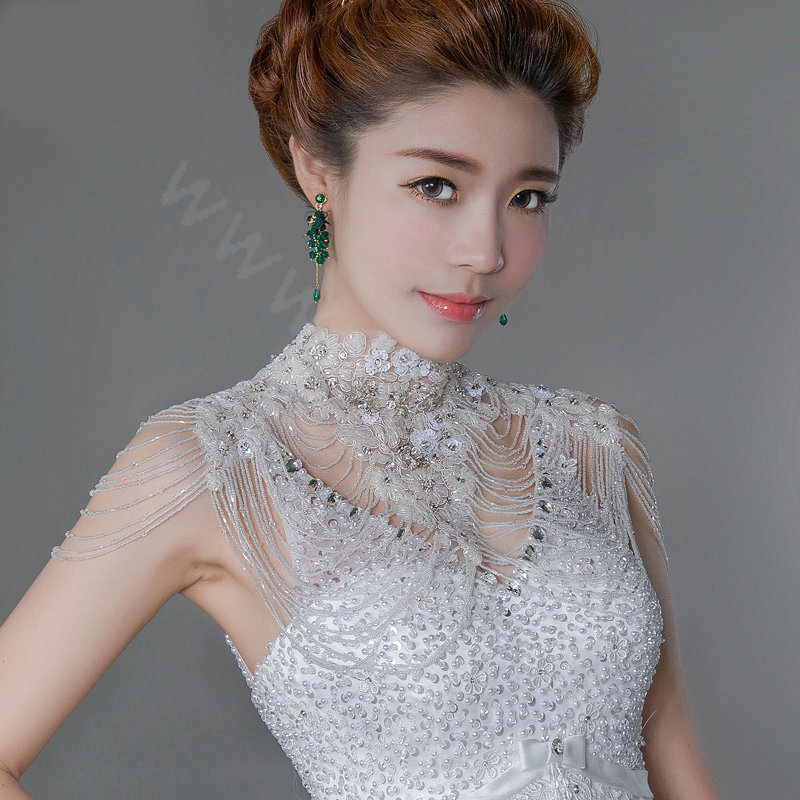 Gorgeous Bride Lace Rhinestone Wedding Shawl Crystal Beads Necklace Bridal Shoulder Chain Jewelry