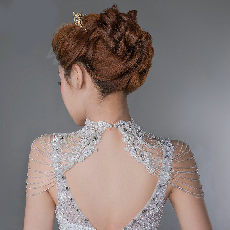 Gorgeous Bride Lace Rhinestone Wedding Shawl Crystal Beads Necklace Bridal Shoulder Chain Jewelry