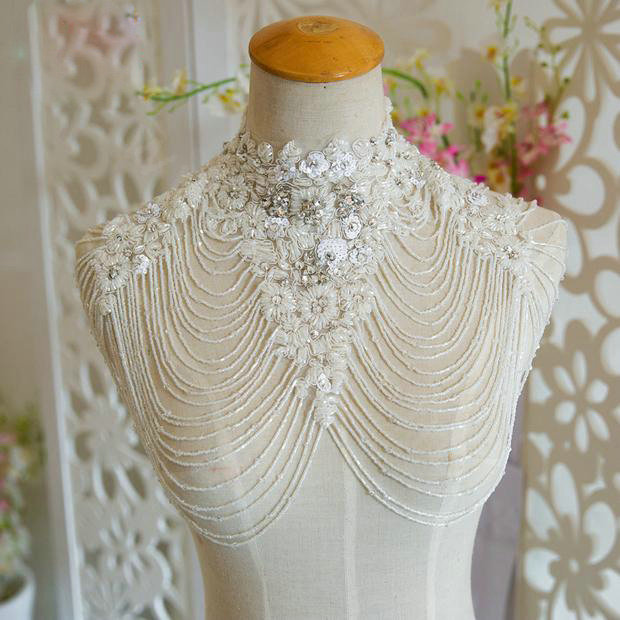 Gorgeous Bride Lace Rhinestone Wedding Shawl Crystal Beads Necklace Bridal Shoulder Chain Jewelry