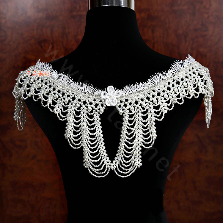 Gorgeous Bride Wedding Lace Crystal Multi Layers Pearls Shawl Bridal Shoulder Chain Jewelry
