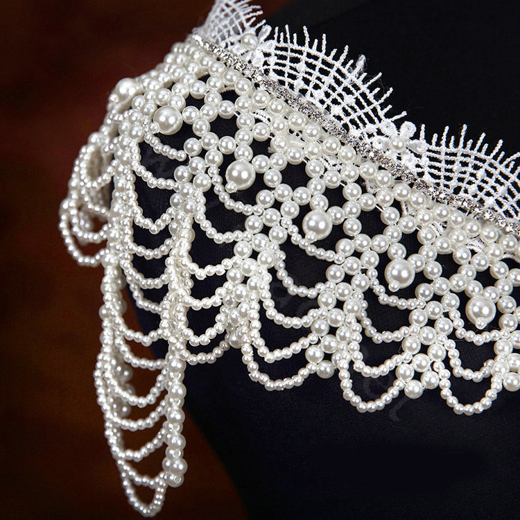 Gorgeous Bride Wedding Lace Crystal Multi Layers Pearls Shawl Bridal Shoulder Chain Jewelry