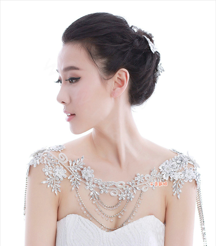 Gorgeous Bride Wedding Lace Flower Tassel Crystal Shawl Rhinestone Bridal Shoulder Chain Jewelry