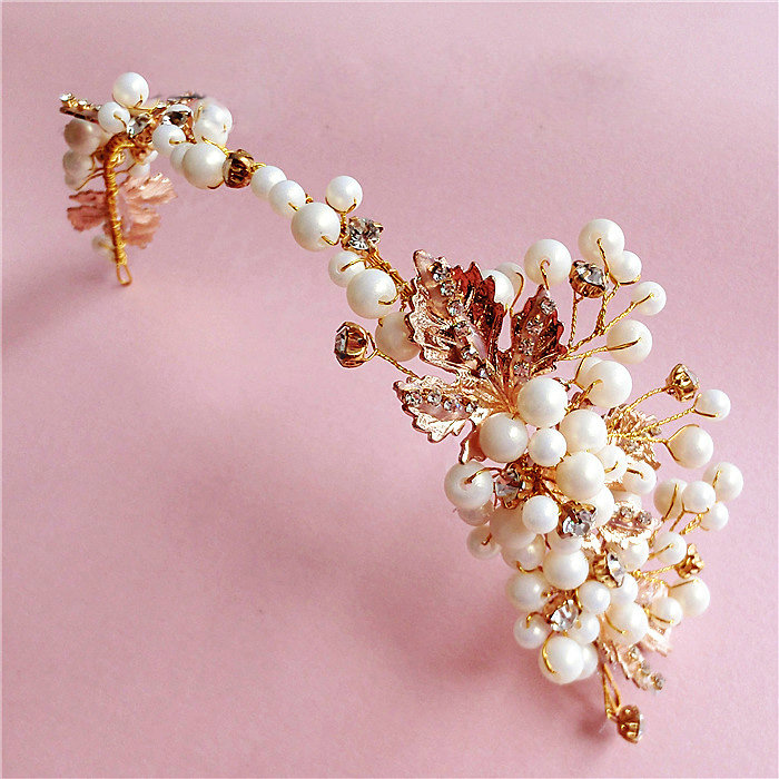 High Quality Gold Leaf Wedding Crystal Beads Pearl Bridal Headpiece Women Hair Hoop Accessories