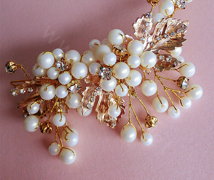 High Quality Gold Leaf Wedding Crystal Beads Pearl Bridal Headpiece Women Hair Hoop Accessories