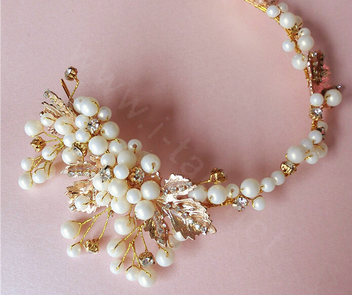 High Quality Gold Leaf Wedding Crystal Beads Pearl Bridal Headpiece Women Hair Hoop Accessories