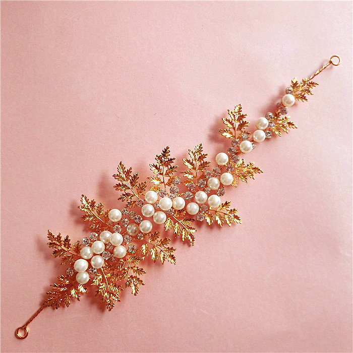 High Quality Gold Leaf Wedding Handmade Crystal Beads Pearl Bridal Soft Headpiece Women Hair Accessories
