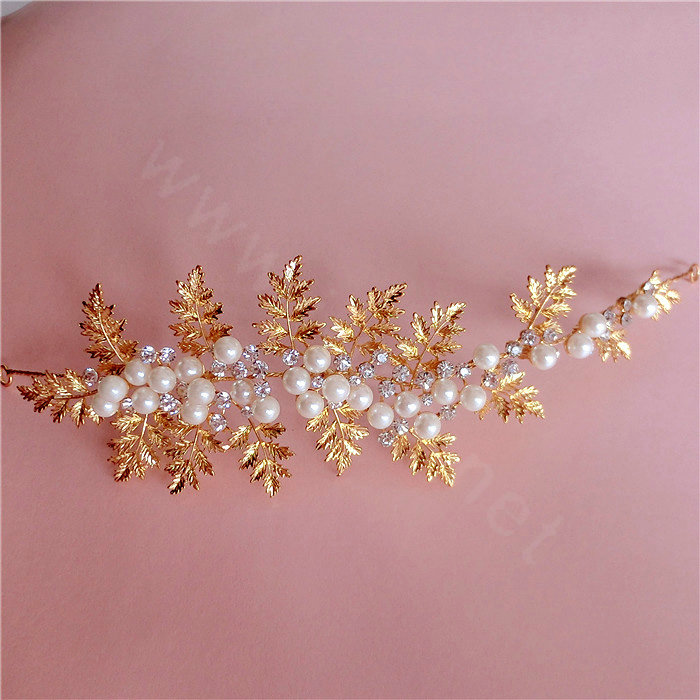 High Quality Gold Leaf Wedding Handmade Crystal Beads Pearl Bridal Soft Headpiece Women Hair Accessories