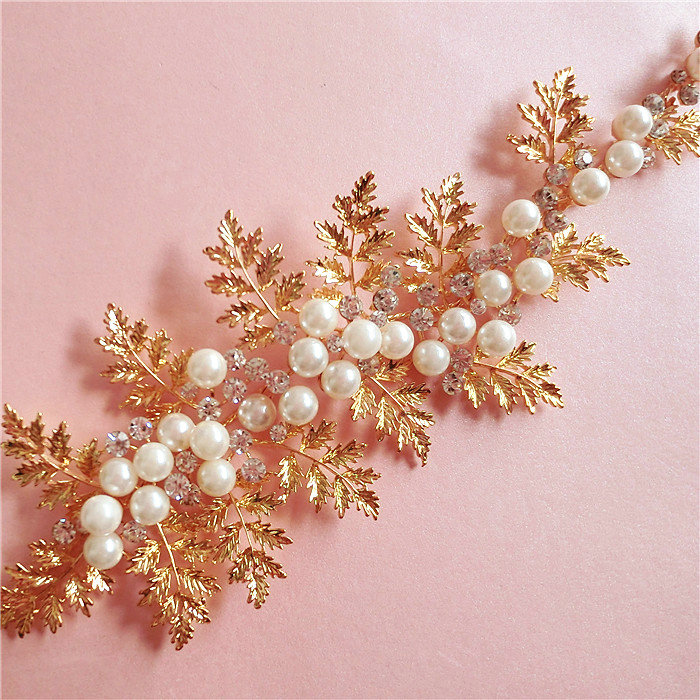 High Quality Gold Leaf Wedding Handmade Crystal Beads Pearl Bridal Soft Headpiece Women Hair Accessories