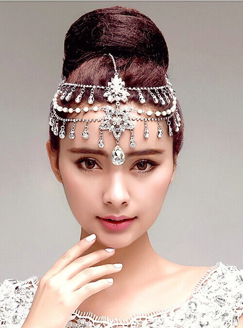 Hot sales Bohemia Style Pearl Rhinestone Teardrop Frontlet Bridal Wedding Hair Headpiece Accessories