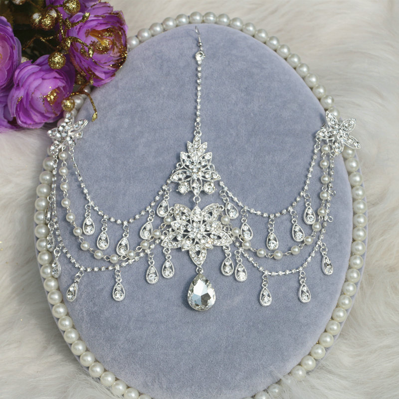 Hot sales Bohemia Style Pearl Rhinestone Teardrop Frontlet Bridal Wedding Hair Headpiece Accessories