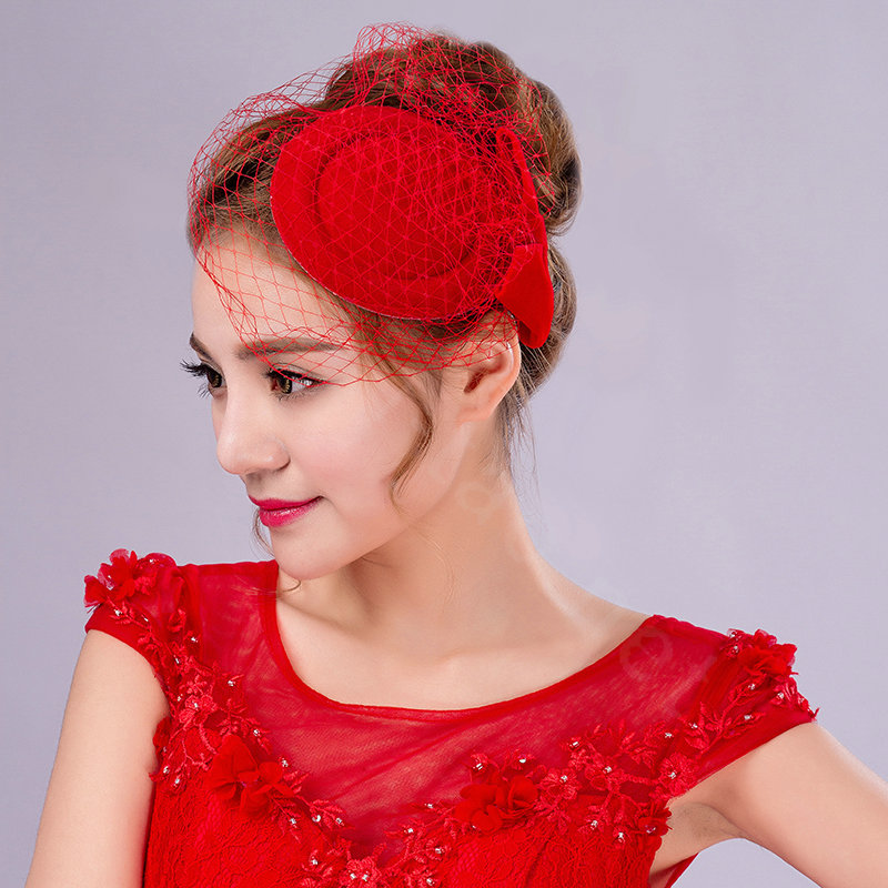 Hot sales Bowknot Red Gauze Bridal Fascinator Hair Accessories Bride Wedding Dress Prom Hat Face Veils