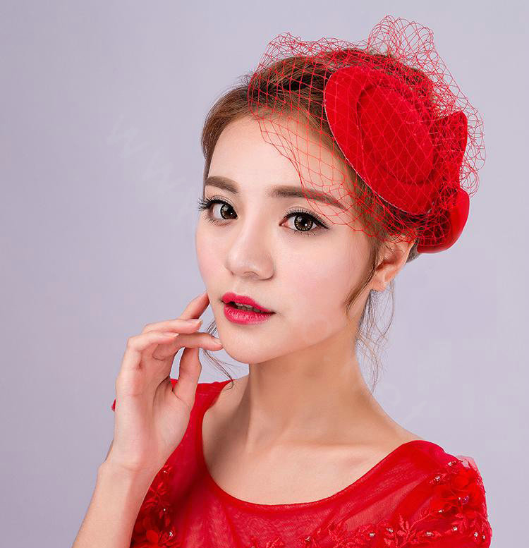 Hot sales Bowknot Red Gauze Bridal Fascinator Hair Accessories Bride Wedding Dress Prom Hat Face Veils