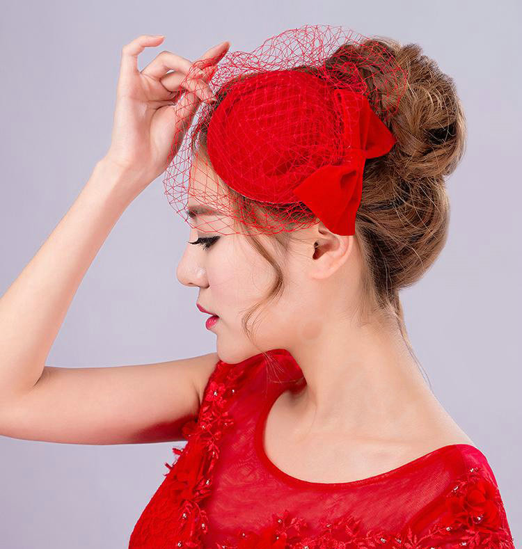 Hot sales Bowknot Red Gauze Bridal Fascinator Hair Accessories Bride Wedding Dress Prom Hat Face Veils