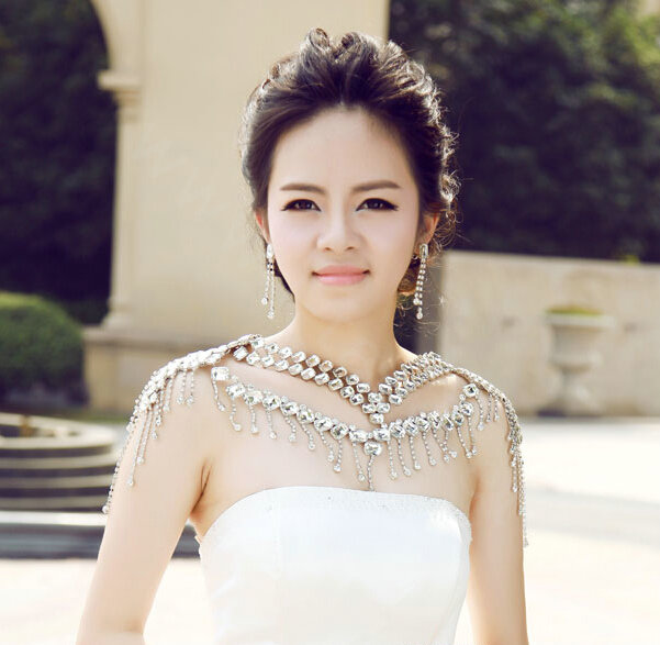 Hot sales Luxury Crystal Bridal Necklace Shawl Rhinestone Tassel Shoulder Chain Wedding Party Jewelry