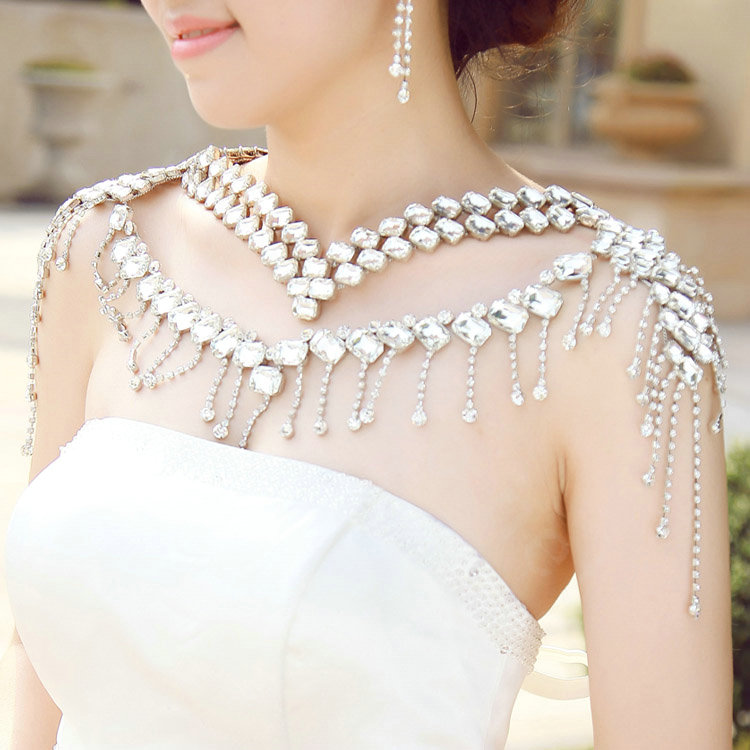 Hot sales Luxury Crystal Bridal Necklace Shawl Rhinestone Tassel Shoulder Chain Wedding Party Jewelry