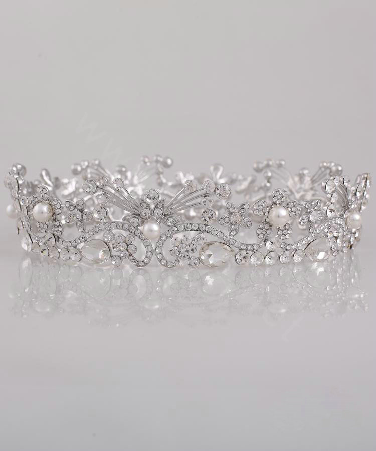 Large Round Flower Pearl Crystal Bride Wedding Tiaras Princess Pageant Rhinestone Crowns Hair Accessory