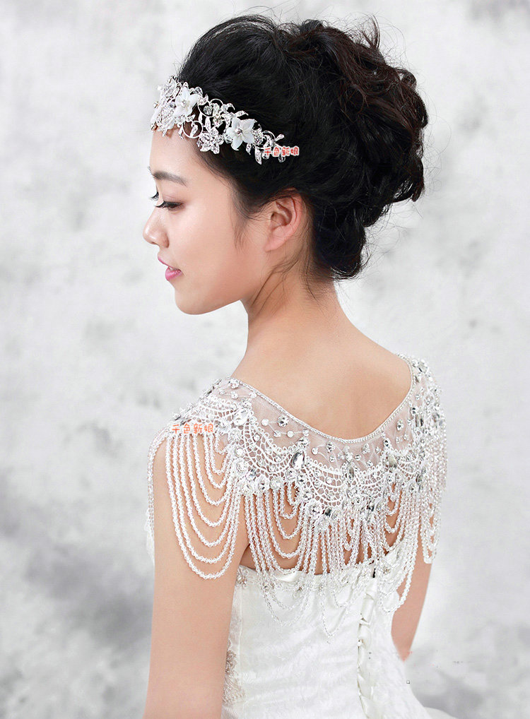 Luxious Bride Wedding Rhinestone Lace Flower Crystal Beads Tassel Shawl Bridal Shoulder Chain Jewelry