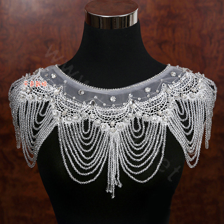 Luxious Bride Wedding Rhinestone Lace Flower Crystal Beads Tassel Shawl Bridal Shoulder Chain Jewelry