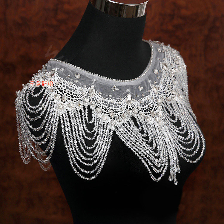 Luxious Bride Wedding Rhinestone Lace Flower Crystal Beads Tassel Shawl Bridal Shoulder Chain Jewelry
