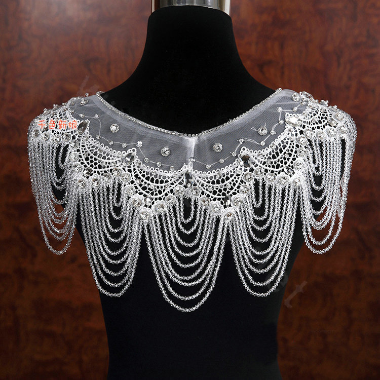 Luxious Bride Wedding Rhinestone Lace Flower Crystal Beads Tassel Shawl Bridal Shoulder Chain Jewelry