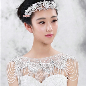 Luxious Bride Wedding Rhinestone Lace Flower Crystal Beads Tassel Shawl Bridal Shoulder Chain Jewelry
