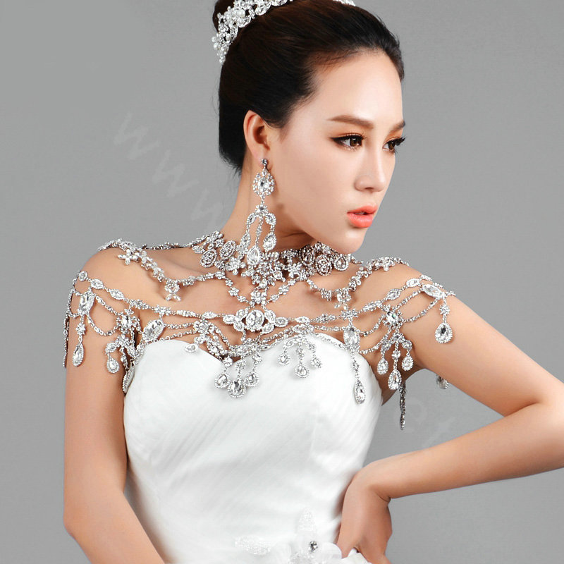 Luxious Queen Vintage Crystal Bridal Necklace Rhinestone Tassel Shoulder Chain Bride Wedding Jewelry