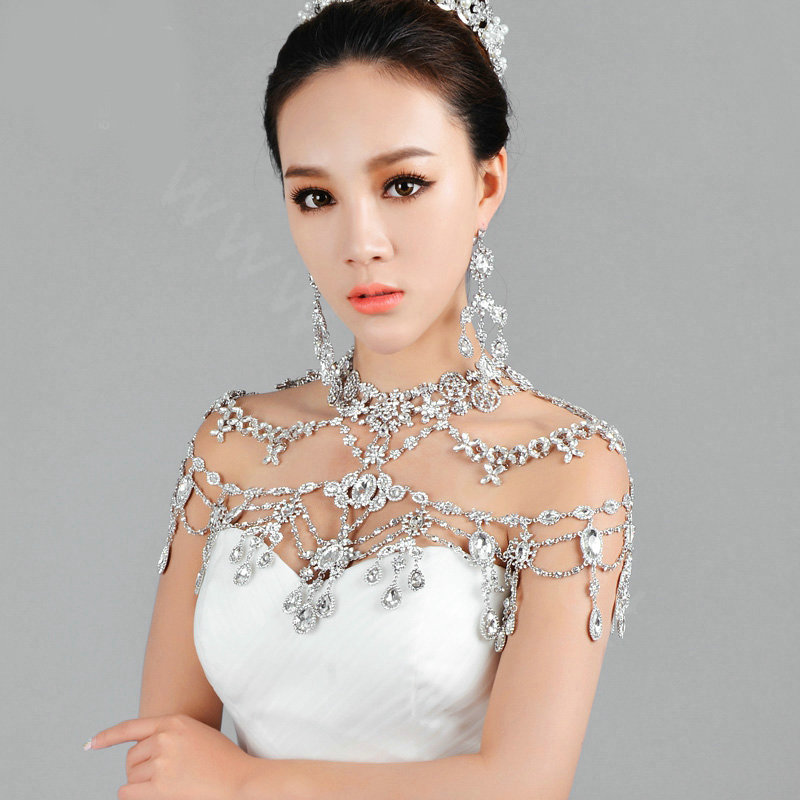 Luxious Queen Vintage Crystal Bridal Necklace Rhinestone Tassel Shoulder Chain Bride Wedding Jewelry