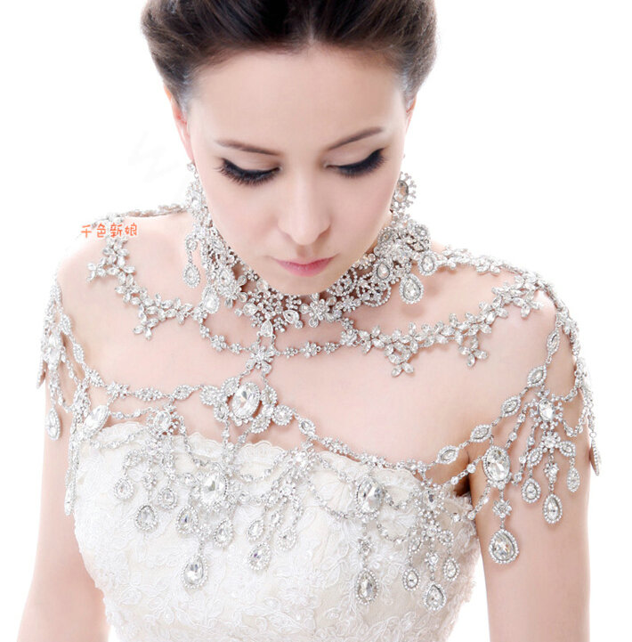 Luxious Queen Vintage Crystal Bridal Necklace Rhinestone Tassel Shoulder Chain Bride Wedding Jewelry