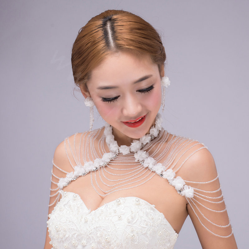 Luxurious Bride Crystal Beads Lace Flower Wedding Necklace Bridal Stage Shoulder Chain & Earrings Jewelry
