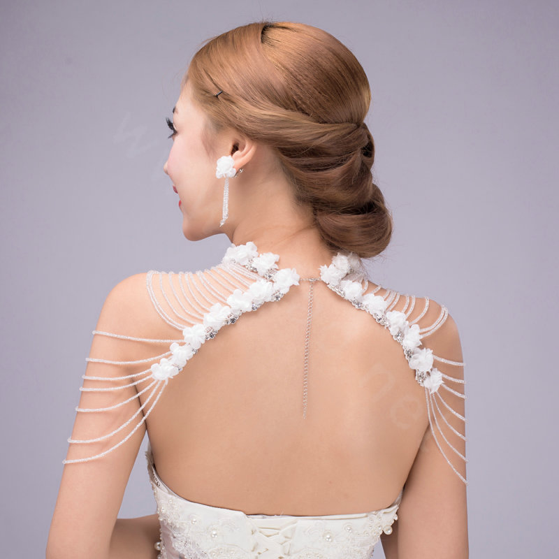 Luxurious Bride Crystal Beads Lace Flower Wedding Necklace Bridal Stage Shoulder Chain & Earrings Jewelry