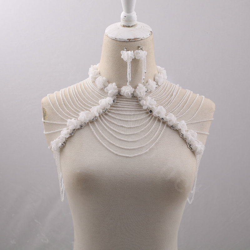 Luxurious Bride Crystal Beads Lace Flower Wedding Necklace Bridal Stage Shoulder Chain & Earrings Jewelry