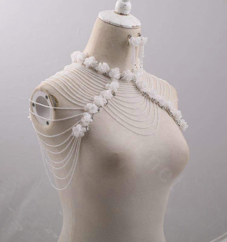 Luxurious Bride Crystal Beads Lace Flower Wedding Necklace Bridal Stage Shoulder Chain & Earrings Jewelry