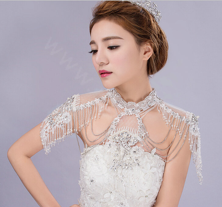 Luxurious Bride Crystal Beads Lace Wedding Shawl Bridal Stage Duchess Pearl Tassel Shoulder Chain Jewelry