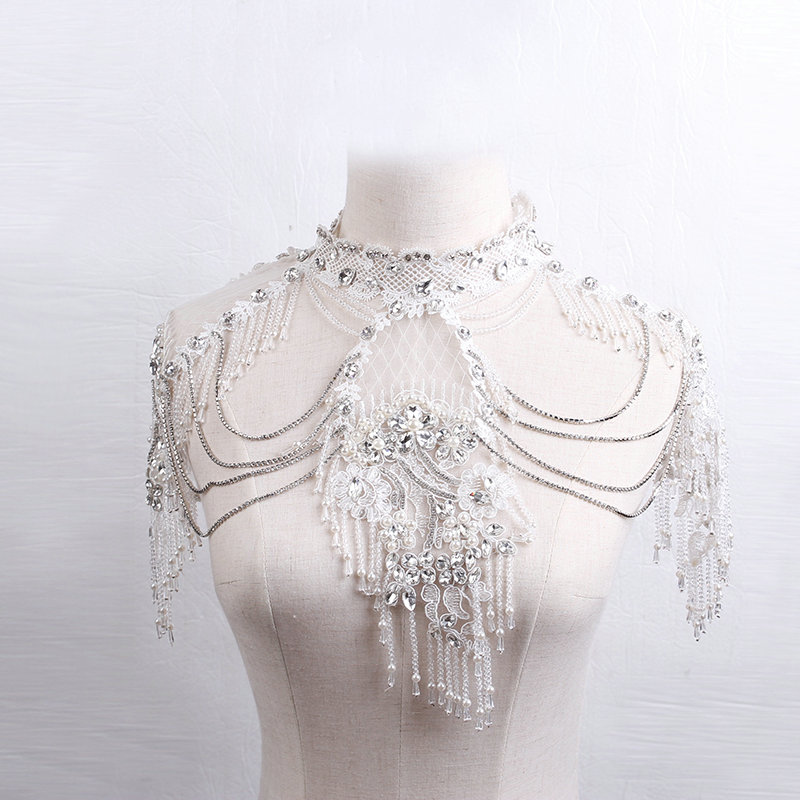 Luxurious Bride Crystal Beads Lace Wedding Shawl Bridal Stage Duchess Pearl Tassel Shoulder Chain Jewelry