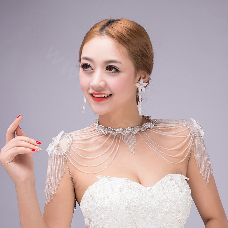 Luxurious Bride Crystal Beads Lace Wedding Shawl Bridal Stage Duchess Shoulder Chain & Earrings Jewelry