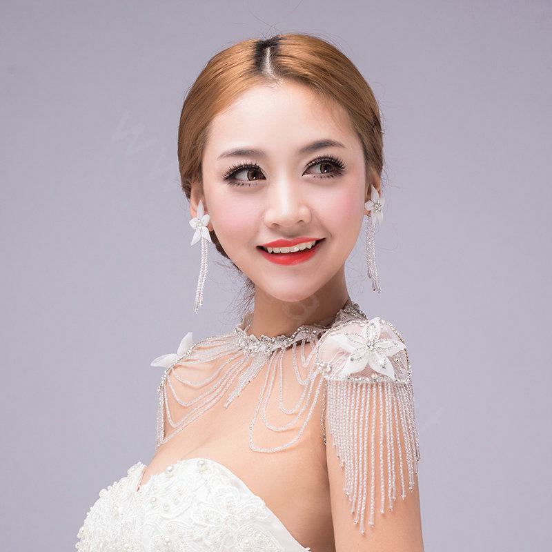 Luxurious Bride Crystal Beads Lace Wedding Shawl Bridal Stage Duchess Shoulder Chain & Earrings Jewelry