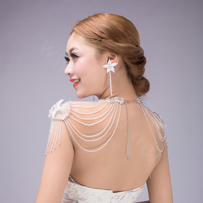 Luxurious Bride Crystal Beads Lace Wedding Shawl Bridal Stage Duchess Shoulder Chain & Earrings Jewelry