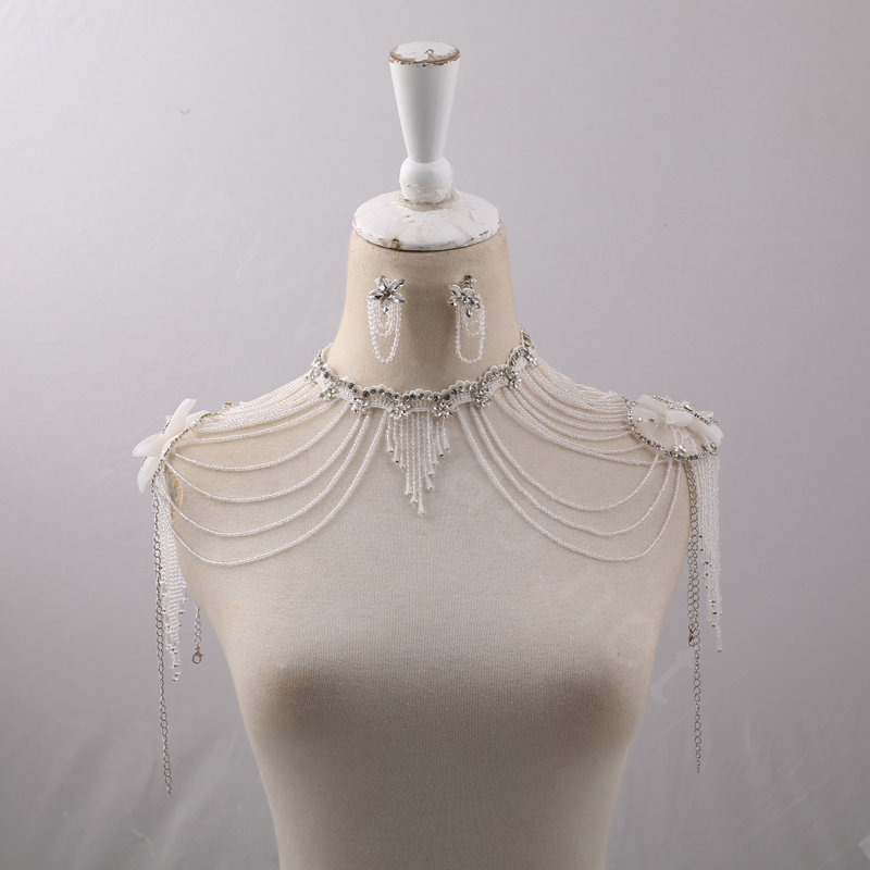 Luxurious Bride Crystal Beads Lace Wedding Shawl Bridal Stage Duchess Shoulder Chain & Earrings Jewelry