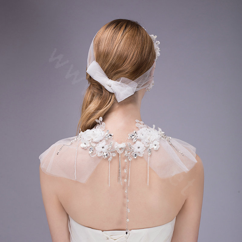 Luxurious Bride Crystal Lace Flower Wedding Shawl Bridal Duchess Shoulder Chain & Earrings Jewelry
